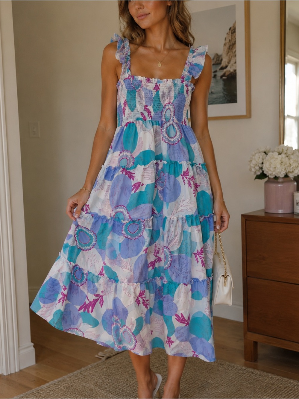 J. Marie Smocked Ruffle Strap Midi Dress Blue Purple Floral Size M